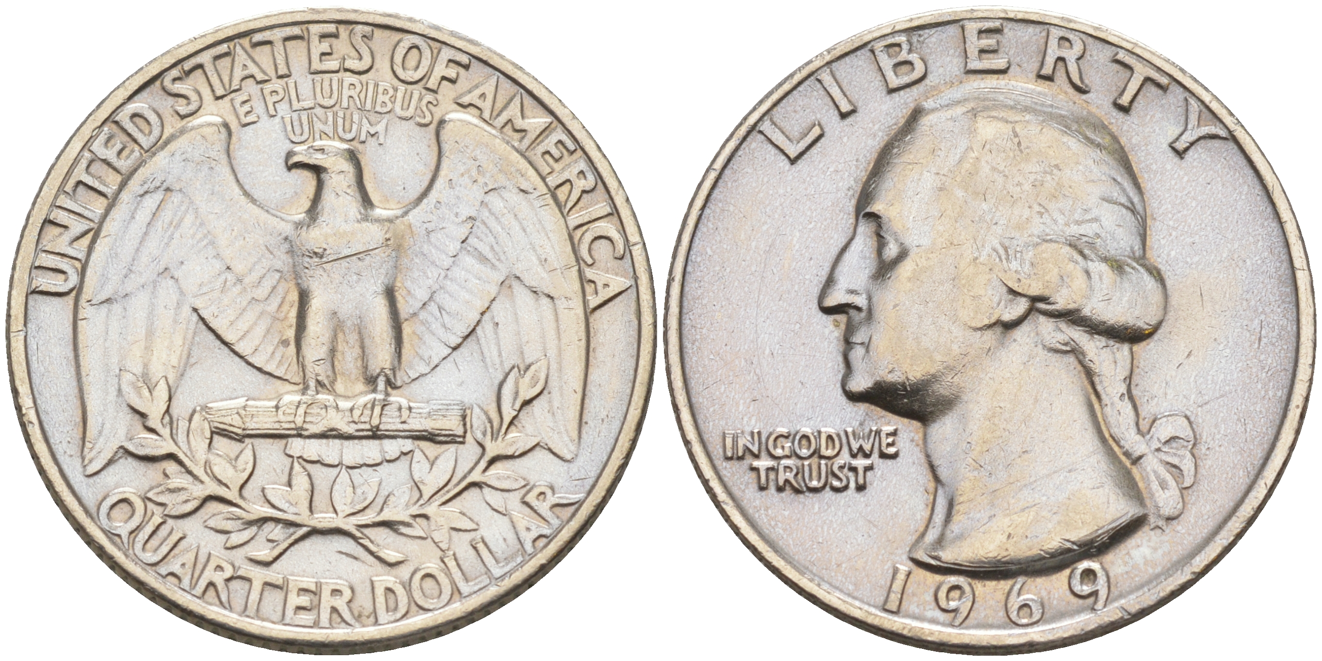 США 25 центов (квотер) 1969 Вашингтон KM 164a медь плакированная медно-никелем 190-313