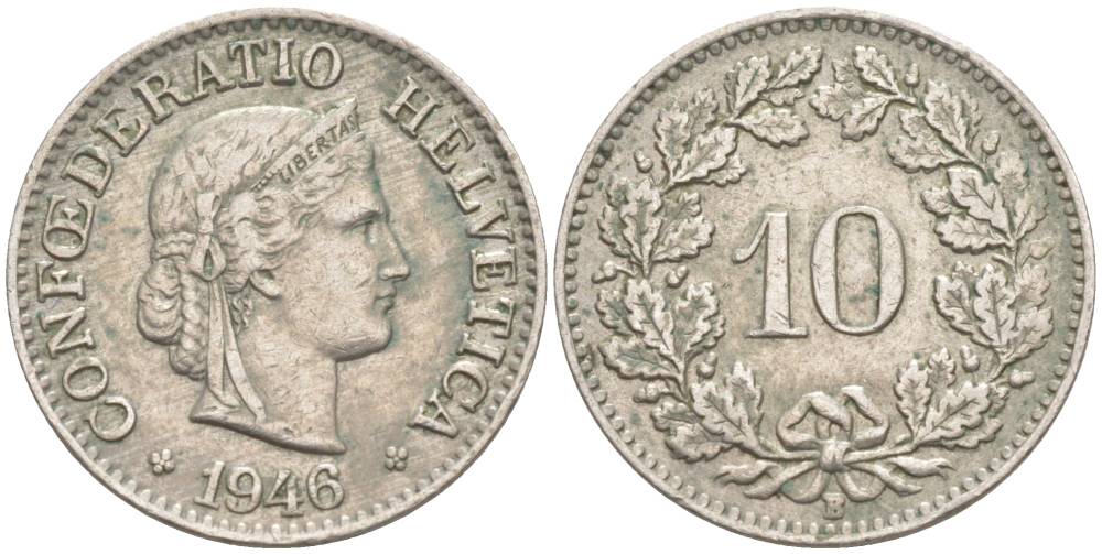 ШВЕЙЦАРИЯ 10 РАППЕНОВ 1946 В KM 27 медно-никель 201-1247