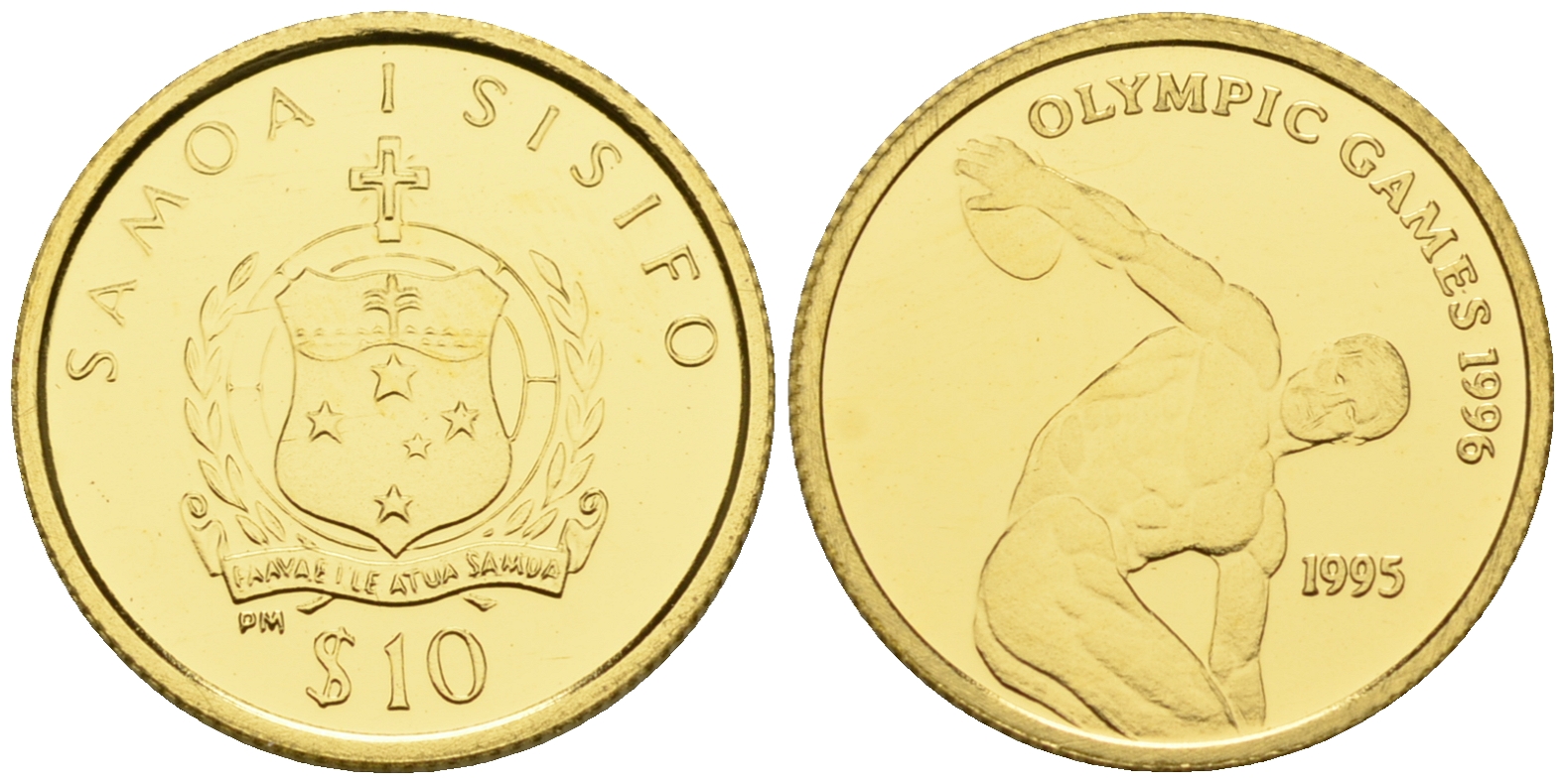 Самоа 10 тала 1995 летние Олимпийские игры 1996 года в Атланте, дискобол KM 113 золото PROOF 00-000-00