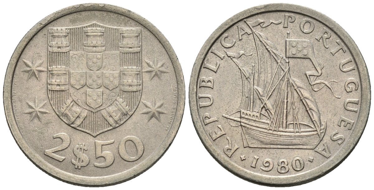 Португалия 2,5 эскудо 1980 парусник KM 590 медно-никель 4147-641