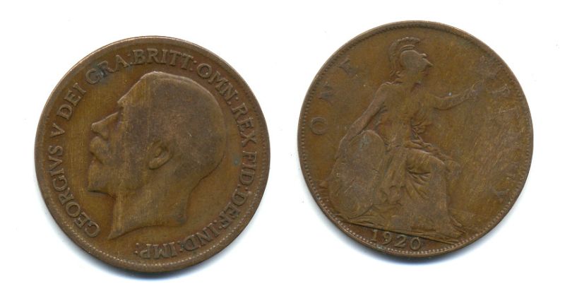 Великобритания 1 пенни 1920 Георг V (1910-1936) КМ 810, Spink 4051 бронза 47-335