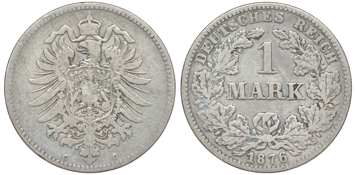 Германия 1 марка 1876 C Weege 17, J. 9, KM 7 серебро 4178-926