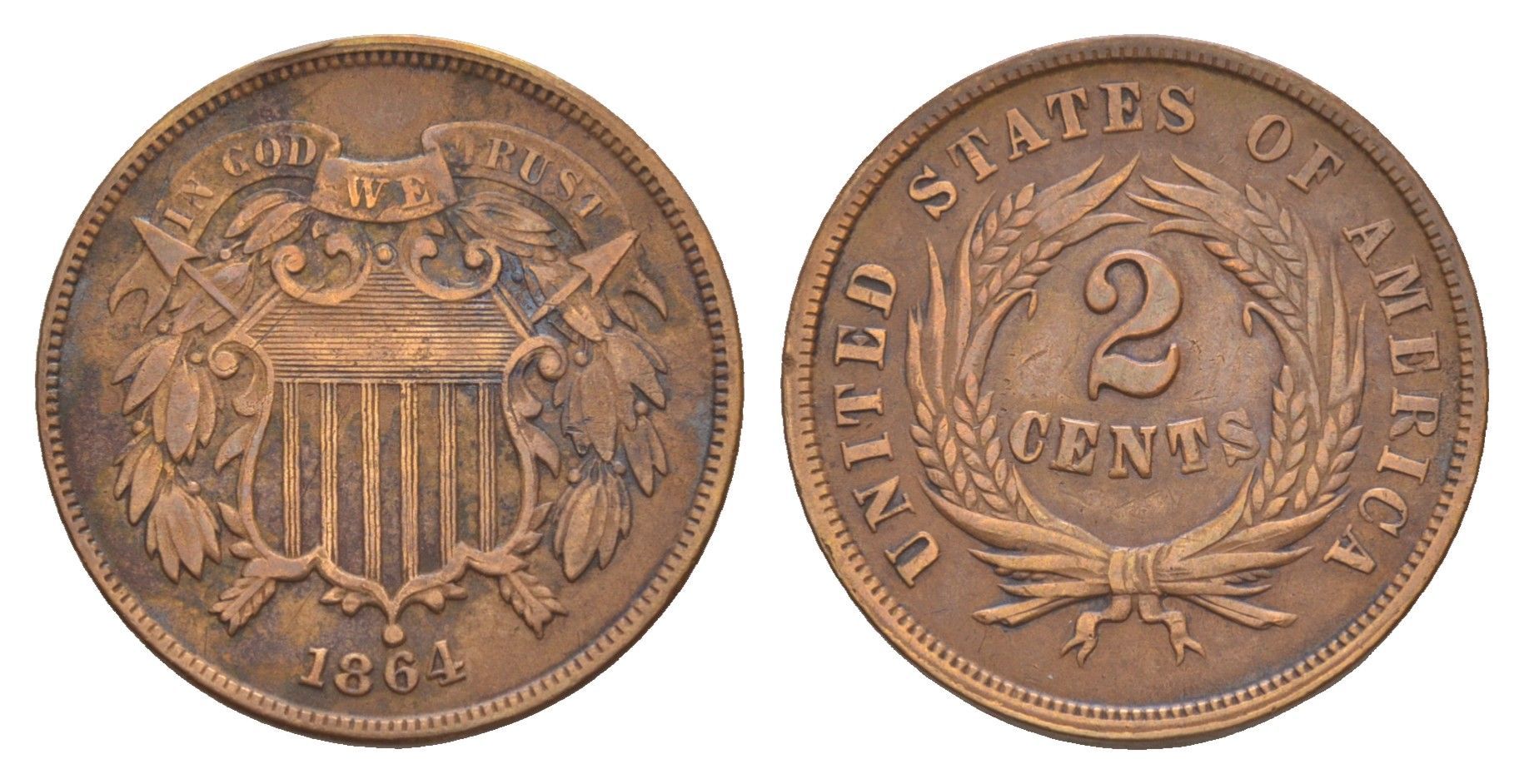США 2 цента 1864 KM 94 медь олово цинк 1520-1113