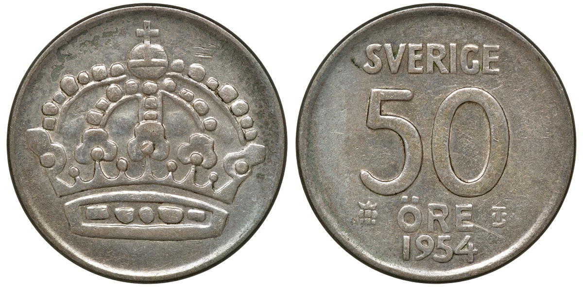 Швеция 50 эре 1954 TS, Густав VI Адольф (1950-1973) KM 825 серебро 4179-1015