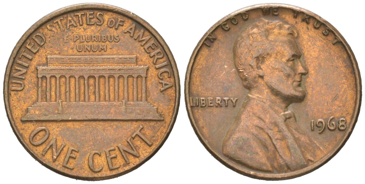 США 1 цент 1968 Авраам Линкольн KM 201 медь цинк 192-1011