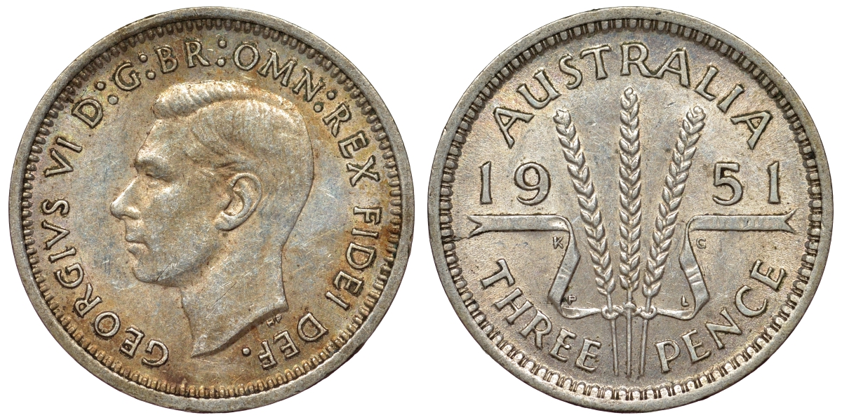 Австралия 3 пенса 1951 PL, Георг VI (1937-1952) KM 44 серебро 71-161