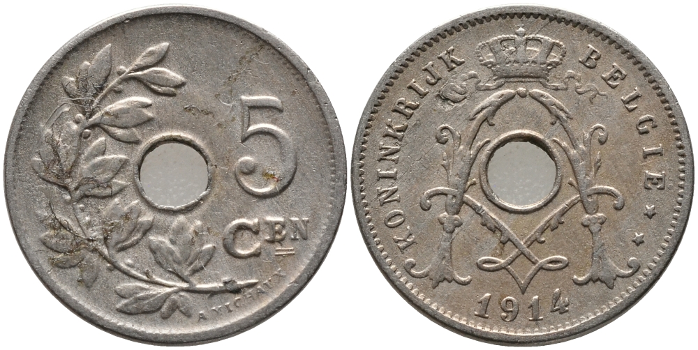 БЕЛЬГИЯ 5 САНТИМОВ 1914 BELGIE KM 67 медно-никель 72-1612