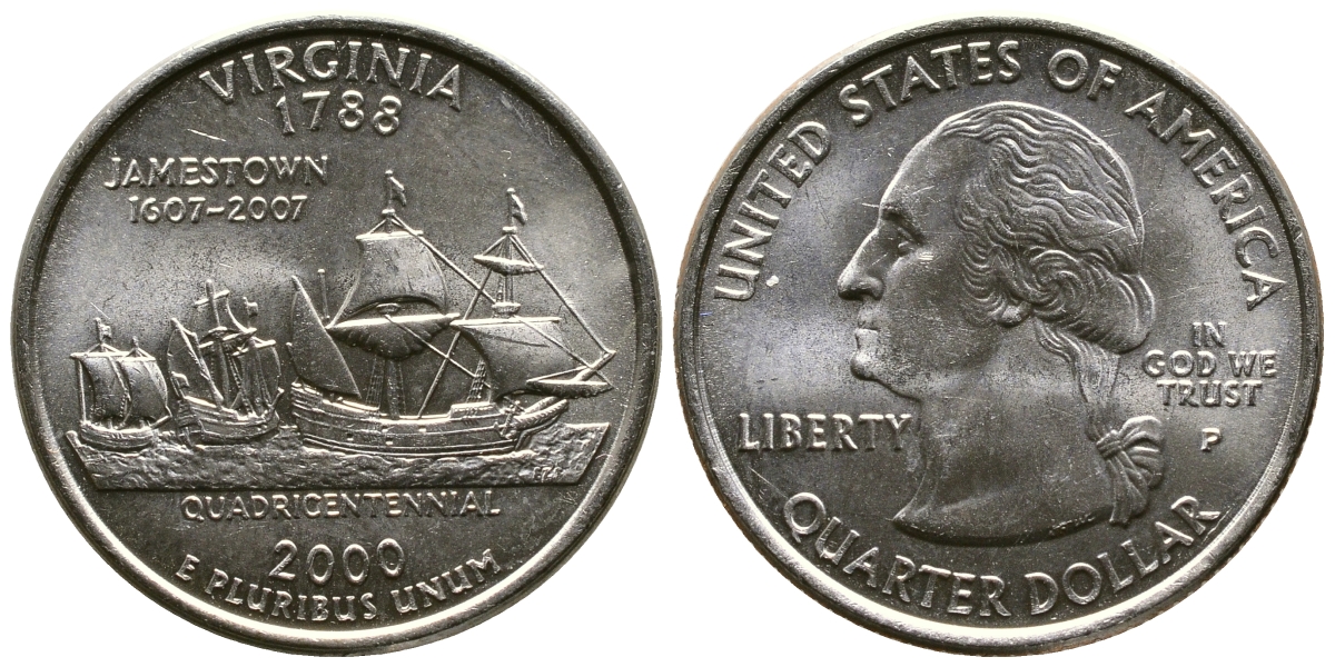 США 25 центов = квотер 2000 Р, серия штаты США, Вирджиния KM 309 медь плакированная медно-никелем 56-317