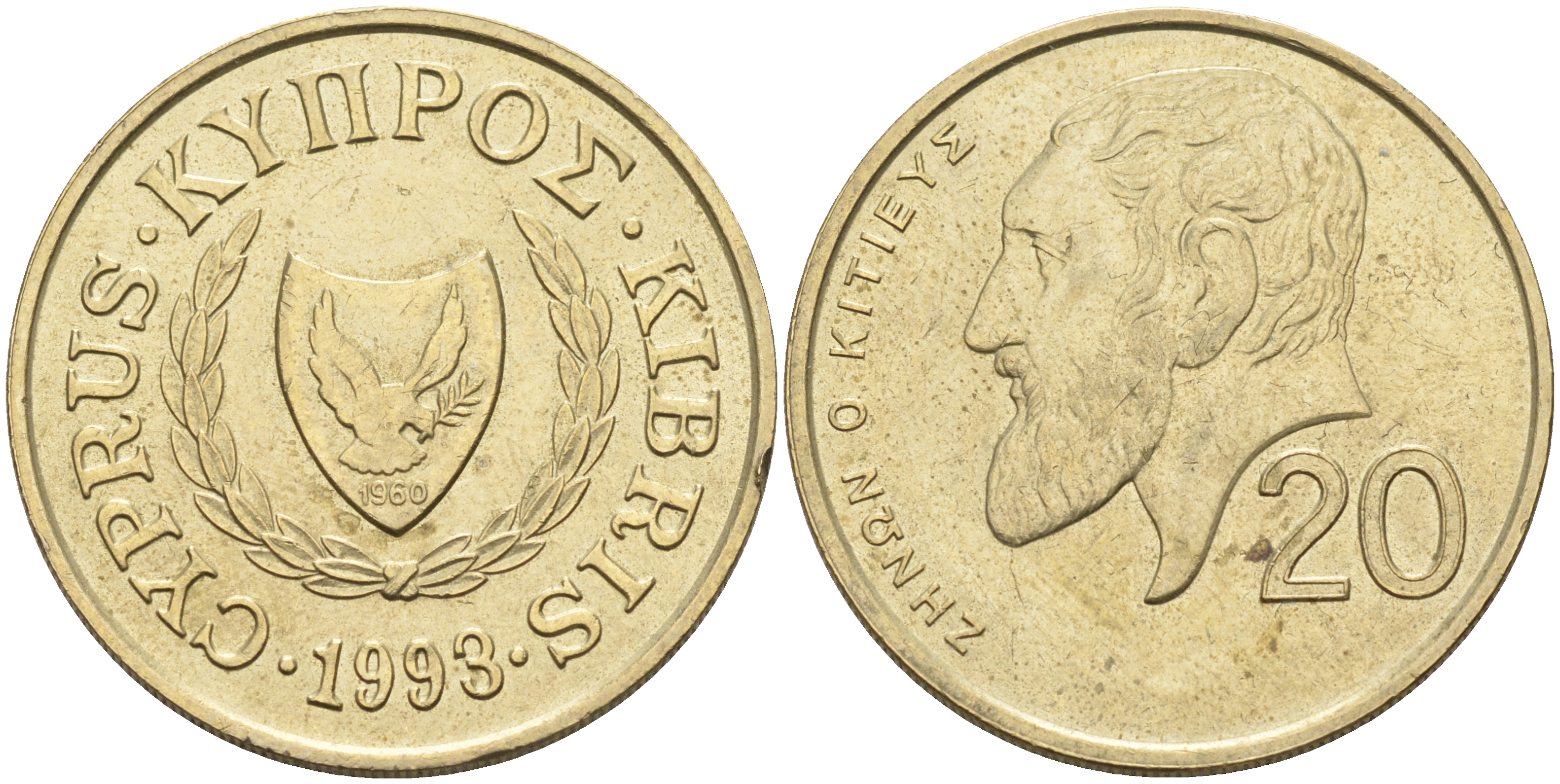 Кипр 20 центов 1993 Зенон Китийский KM 62.2 никель латунь    4595-942