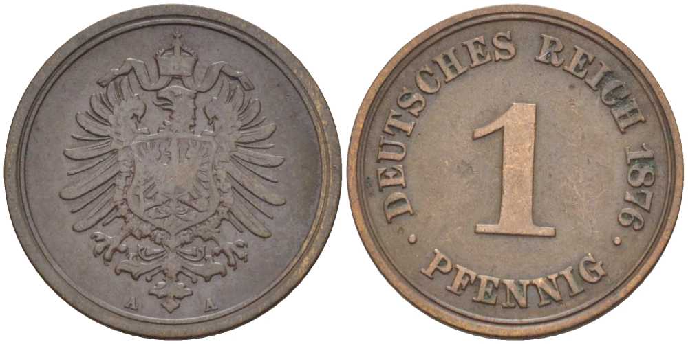 ГЕРМАНИЯ 1 ПФЕННИГ 1876 A, СТАРОГЕРБОВКА KM 1, J. 1, Weege 1 медь 206-1044