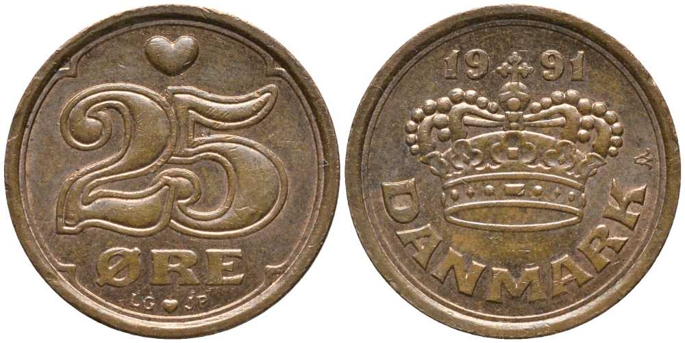 ДАНИЯ 25 ЭРЕ 1991 LG; JP; A, МАРГРЕТЕ II (1972-) KM 868.1 бронза 112-767