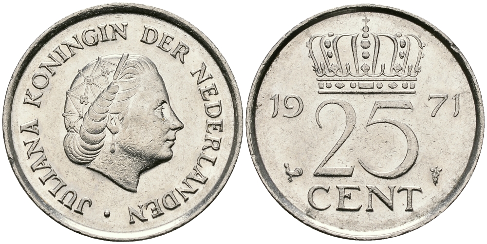 НИДЕРЛАНДЫ 25 ЦЕНТОВ 1971 ЮЛИАНА KM 183 никель 96-226