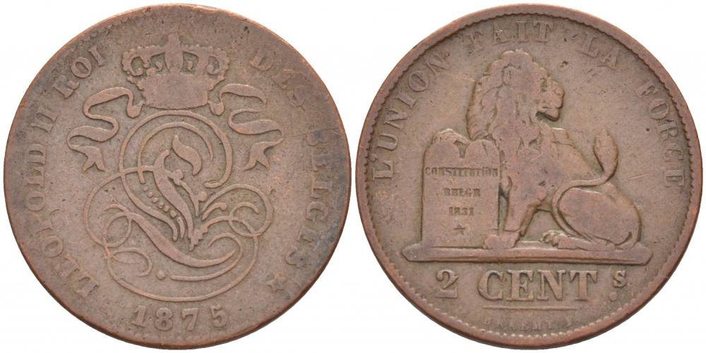 БЕЛЬГИЯ 2 САНТИМА 1875 BELGES KM 35.1 медь 110-151