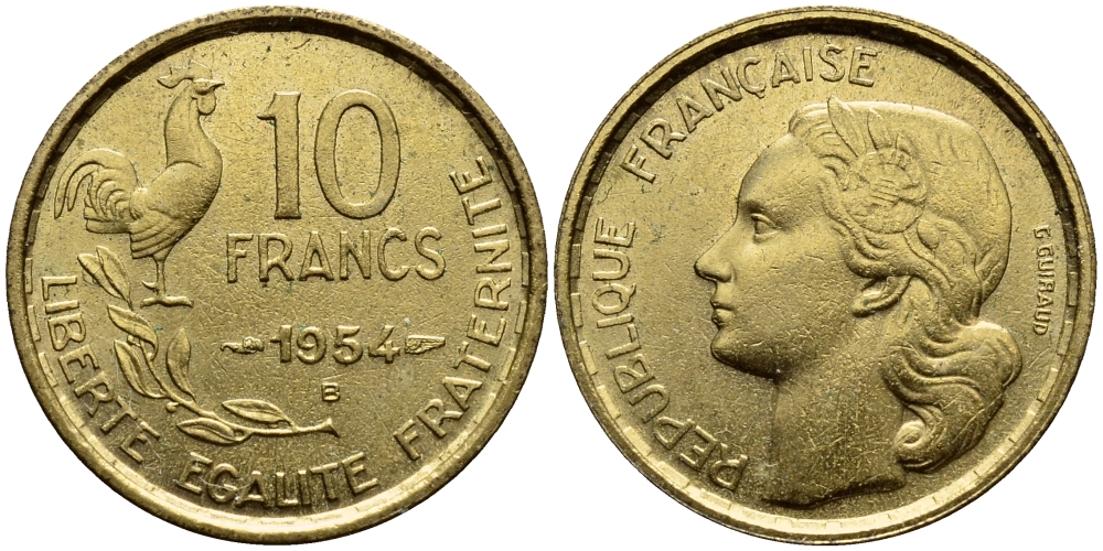 Франция 10 франков 1954 В, петух KM 915.2, Le Frank 363.11 алюминиевая бронза 4393-1151