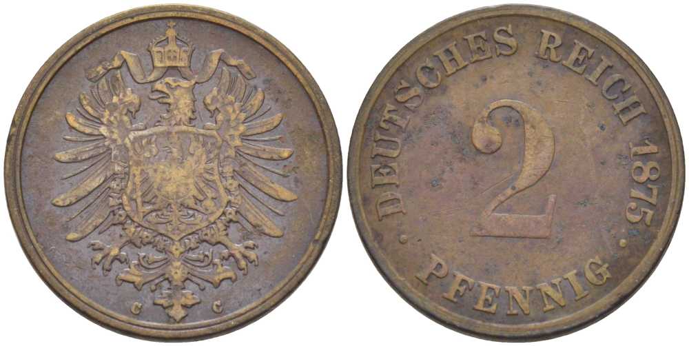 ГЕРМАНИЯ 2 ПФЕННИГА 1875 С, СТАРОГЕРБОВКА KM 2, J. 2, Weege 3 медь 212-541