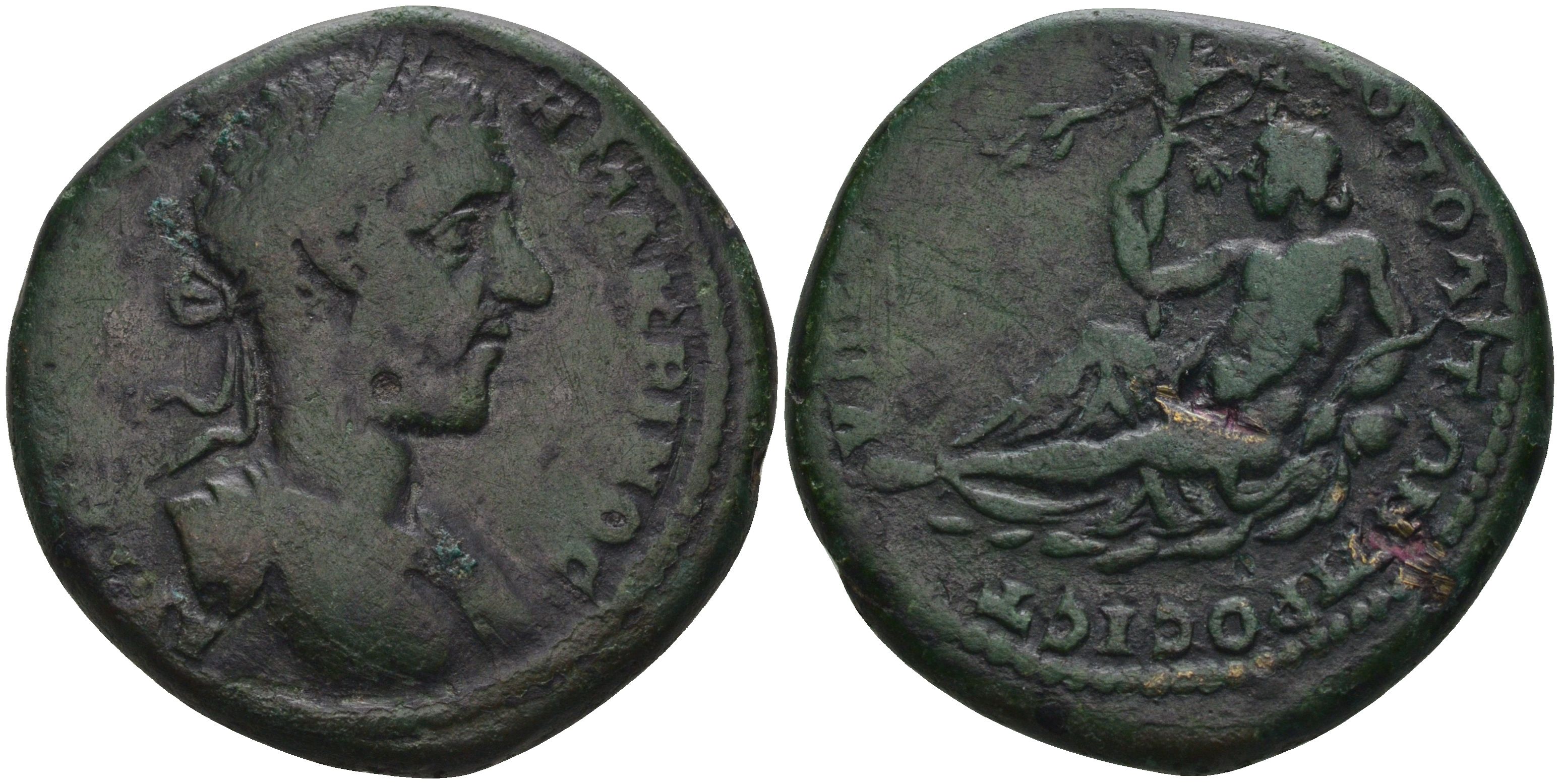 Римская Империя, Провинция Нижняя Мезия, Никополь-на-Истре AE 217 - 218 Макрин, бюст императора / персонификация божества реки Истр, 13,82 гр, 27 мм Varbanov 3483 бронза 1100-4-83