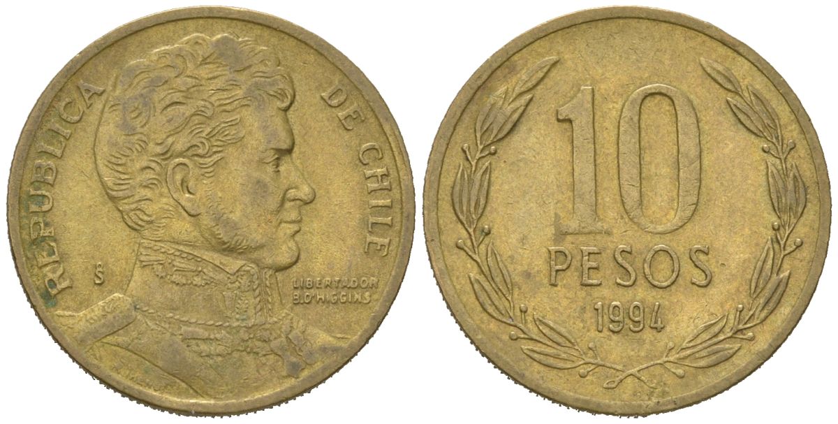 Чили 10 песо 1994 So KM 228 никель латунь 4523-325