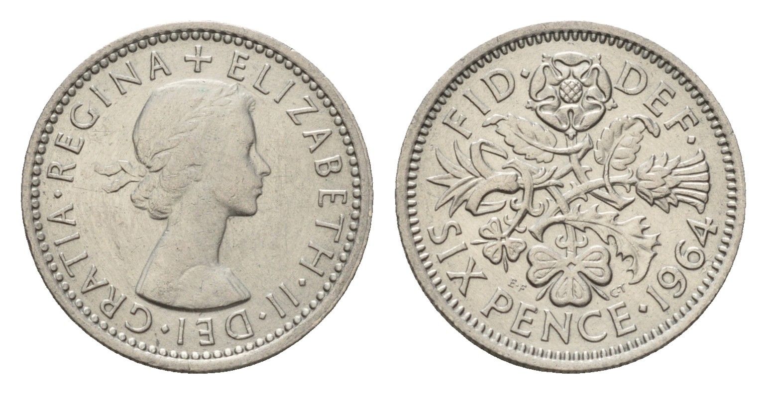 Великобритания 6 пенсов 1964 Елизавета II (1952-2022) KM 903, Spink 4149 медно-никель 4651-1232