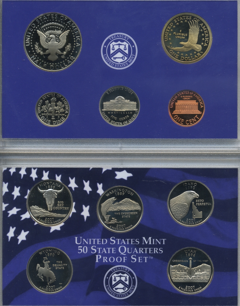 США 2 официальных набора в одном 2007 S, два пруфсета в пластиковых коробках, регулярный чекан и 5 квотеров штаты, в оригинальной коробке с сертификатом PROOF 3-6-2-6