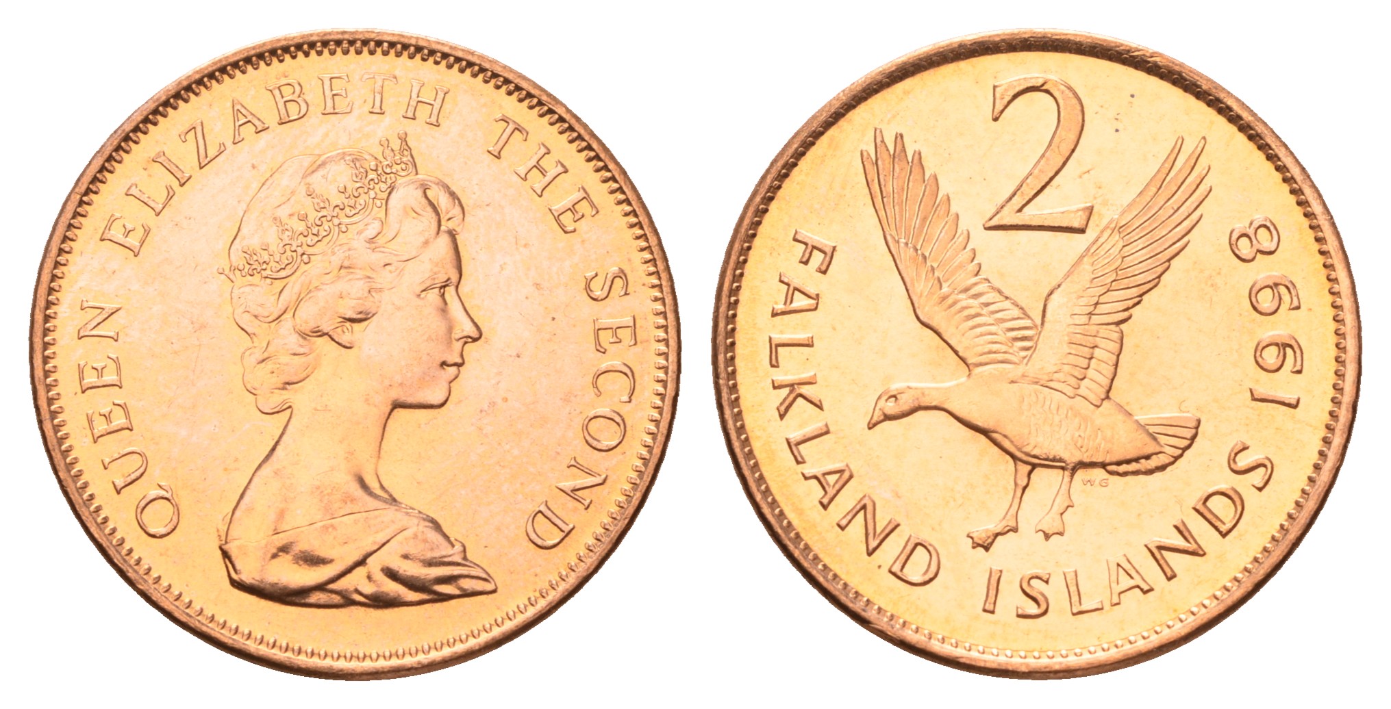 Фолклендские острова (Фолкленды) 2 пенса 1998 Елизавета II (1952-2022), магелланов гусь KM 3 сталь плакированная медью  UNC  4675-545