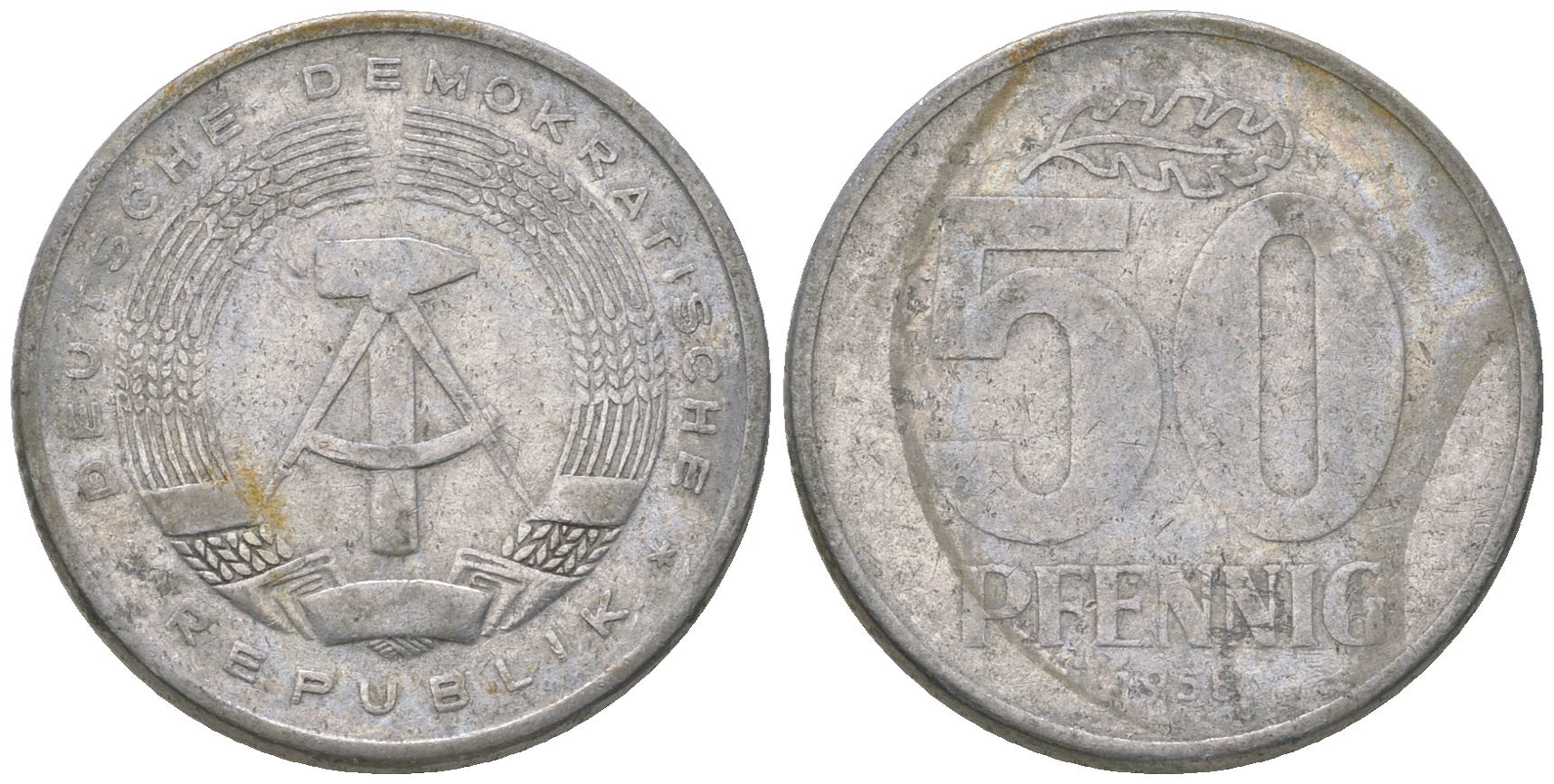 ГДР 50 пфеннигов 1958 А алюминий 4635-826