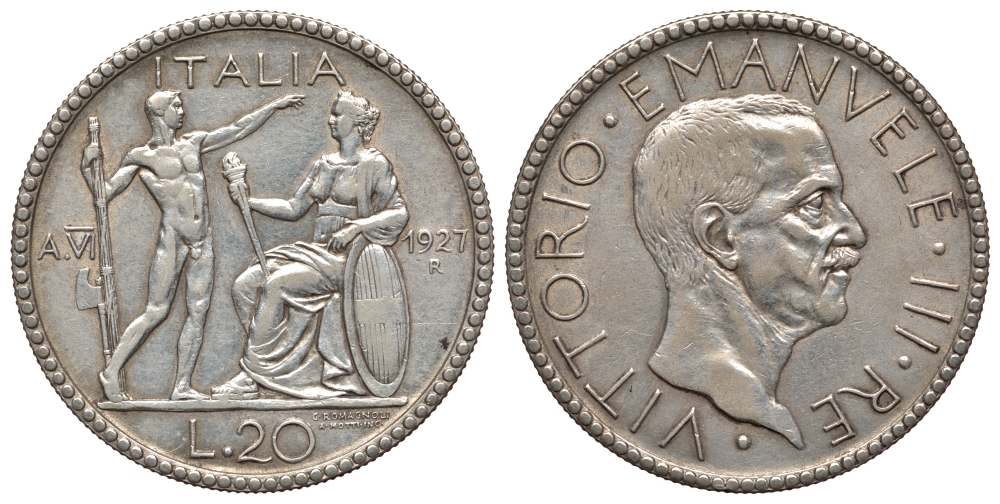 Италия 20 лир 1927 R, Виктор Эммануил III, ГОД VI KM 69 серебро 00-811-26