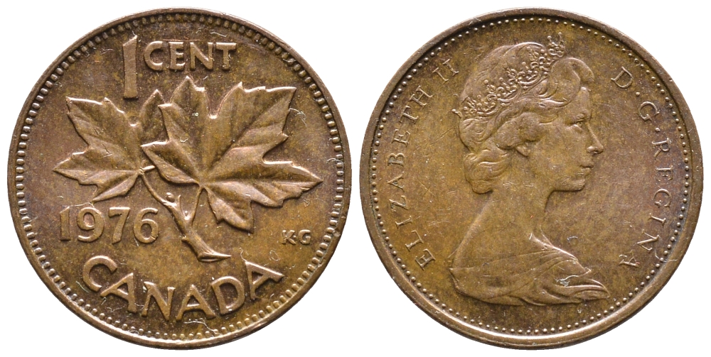 Канада 1 цент 1976 Елизавета II (1952-2022), кленовый лист KM 59.1 бронза 177-1014
