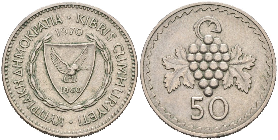Кипр 50 милсов 1970 виноградная гроздь KM 41 медно-никель 4566-1245