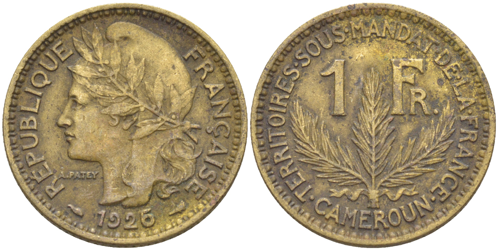 Французский Камерун 1 франк 1926 (а), монетный двор Париж KM 2 алюминиевая бронза 63-727
