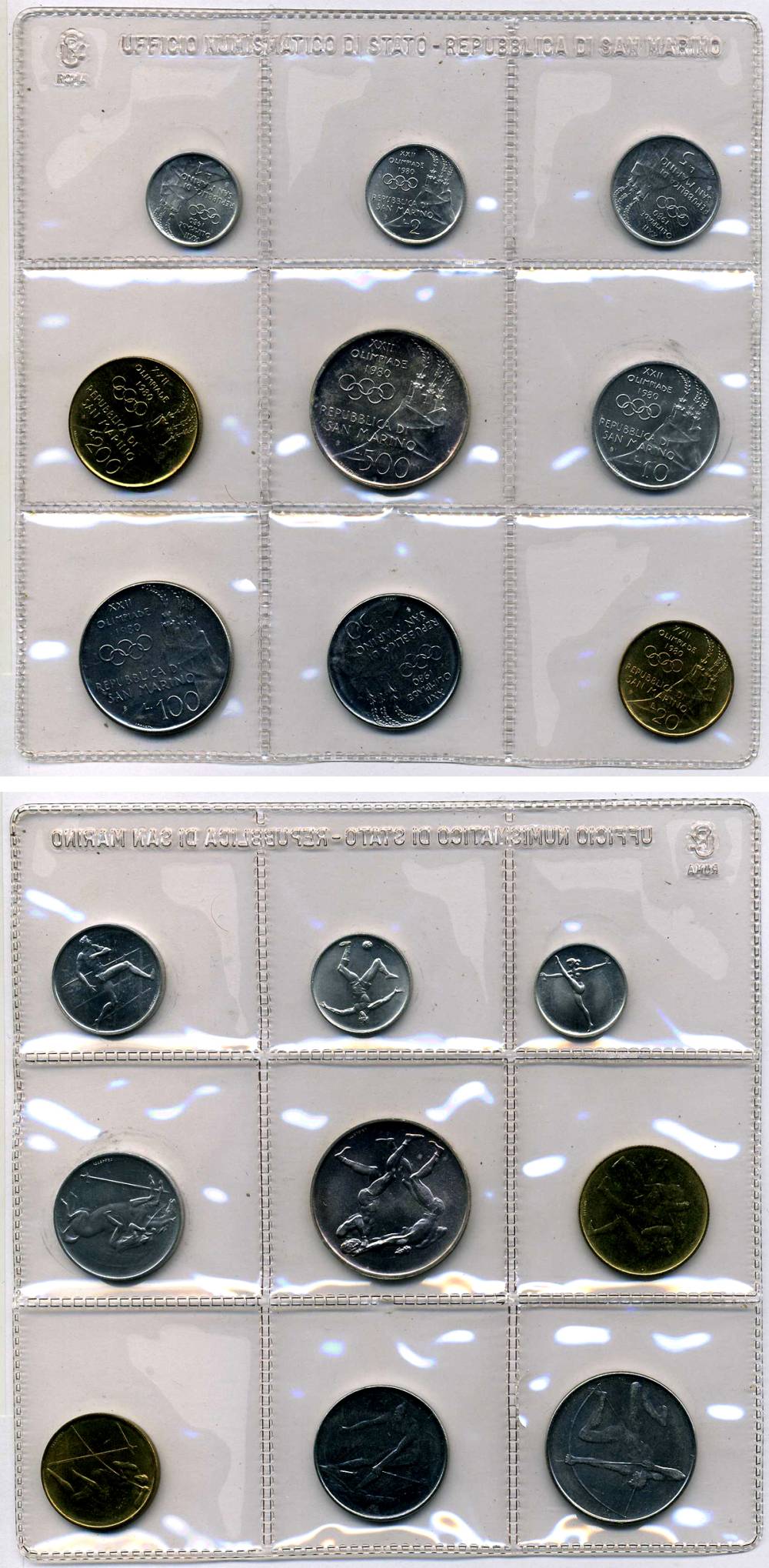 Сан-Марино набор из 9 монет 1980 официальный выпуск в целлофановой запайке (1-500 лир), Олимпиада KM 102-110, MS16   UNC  7-6-1-20