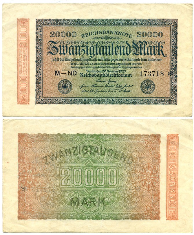 ГЕРМАНИЯ 20000 МАРОК 1923 20 ФЕВРАЛЯ 1923, ВОДЯНОЙ ЗНАК L Pick 85a бумага 444-72-1