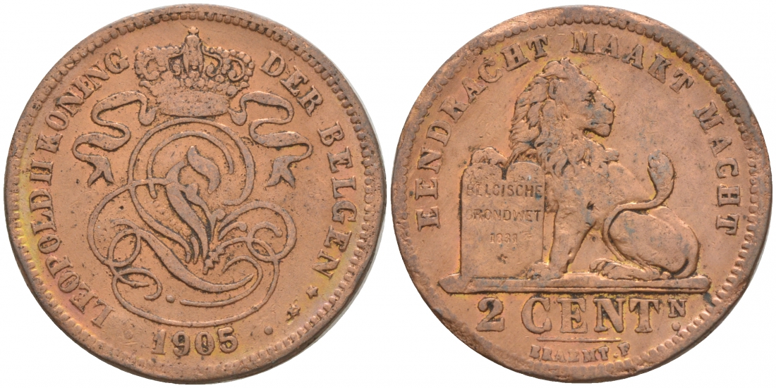 БЕЛЬГИЯ 2 САНТИМА 1905 BELGEN KM 36 медь 68-731