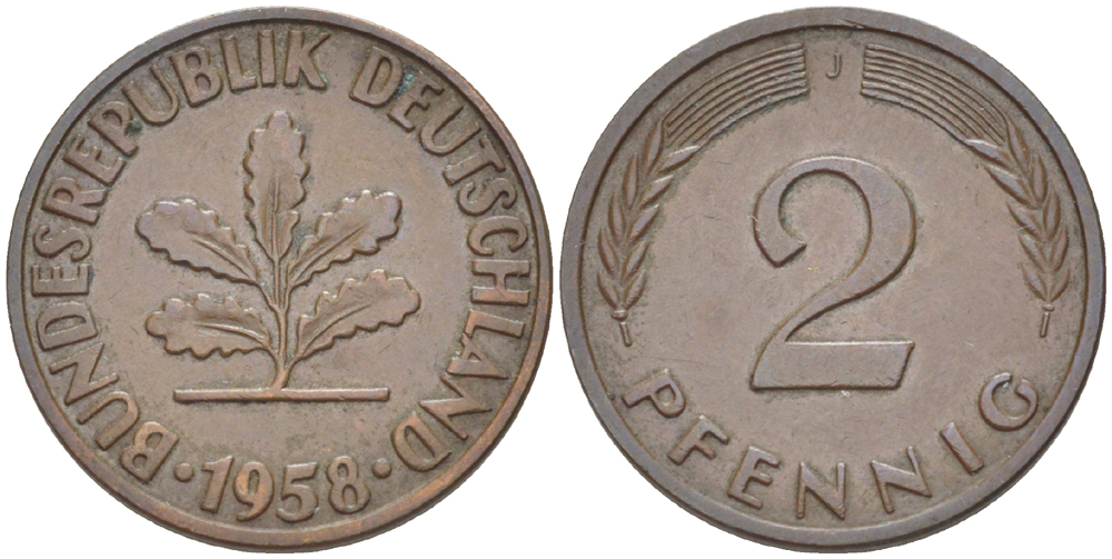 ФРГ 2 ПФЕННИГА 1958 J KM 106, J. 381 бронза 4181-719