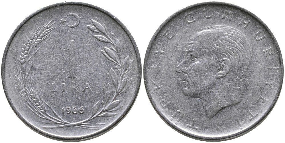 Турция 1 лира 1966 Мустафа Кемаль Ататюрк KM 889а.1 нержавеющая сталь 4541-1234