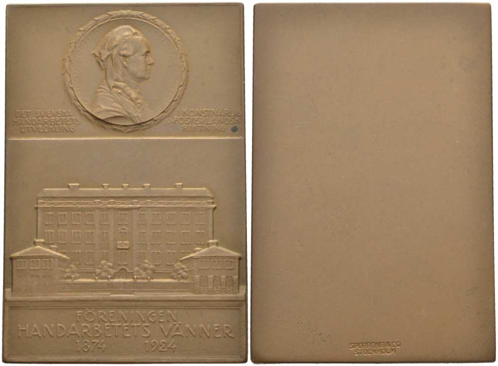 ШВЕЦИЯ ПЛАКЕТКА 1924 РУЧНОГО ИЗГОТОВЛЕНИЯ, В ХУДОЖЕСТВЕННО-ПАТРИОТИЧЕСКОЙ НАПРАВЛЕННОСТИ, 50-ЛЕТИЮ АССОЦИАЦИИ ДРУЗЕЙ РЕМЕСЛЕННИКОВ, РАЗМЕР 52Х35 ММ., ВЕС 33 ГР., SPORRONG&Co STOCKHOLM бронза 1084-3-32