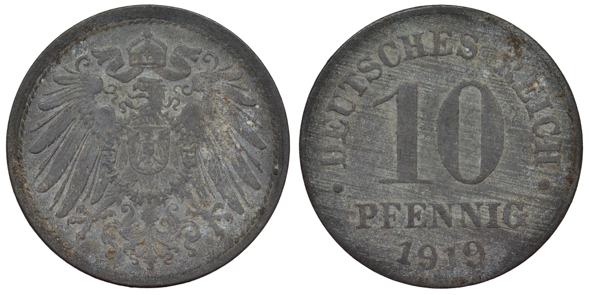 Германия 10 пфеннигов 1919 KM 26, J. 299, Weege 8 цинк 4119-416