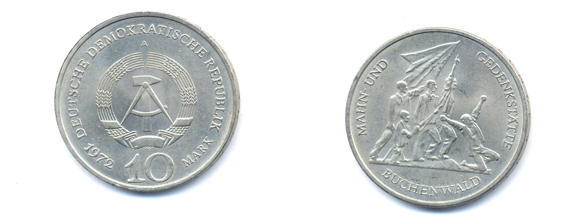 ГДР 10 марок 1972 A, мемориал Бухенвальда KM 38, J. 1539 медно-никель 3333-212