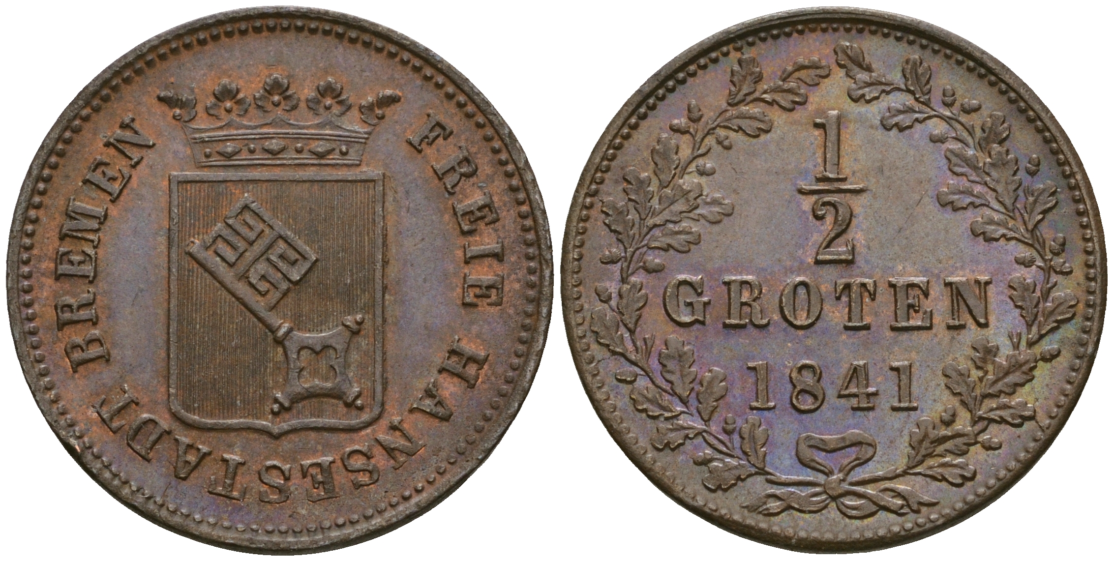 Бремен 1/2 гротена 1841 KM 236, Jaeger 16, AKS 9 медь 00-00