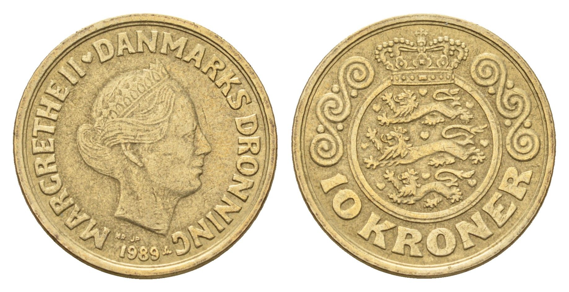 Дания 10 крон 1989 NR, Маргрете II (1972-2024) KM 867 алюминиевая бронза 119-1246