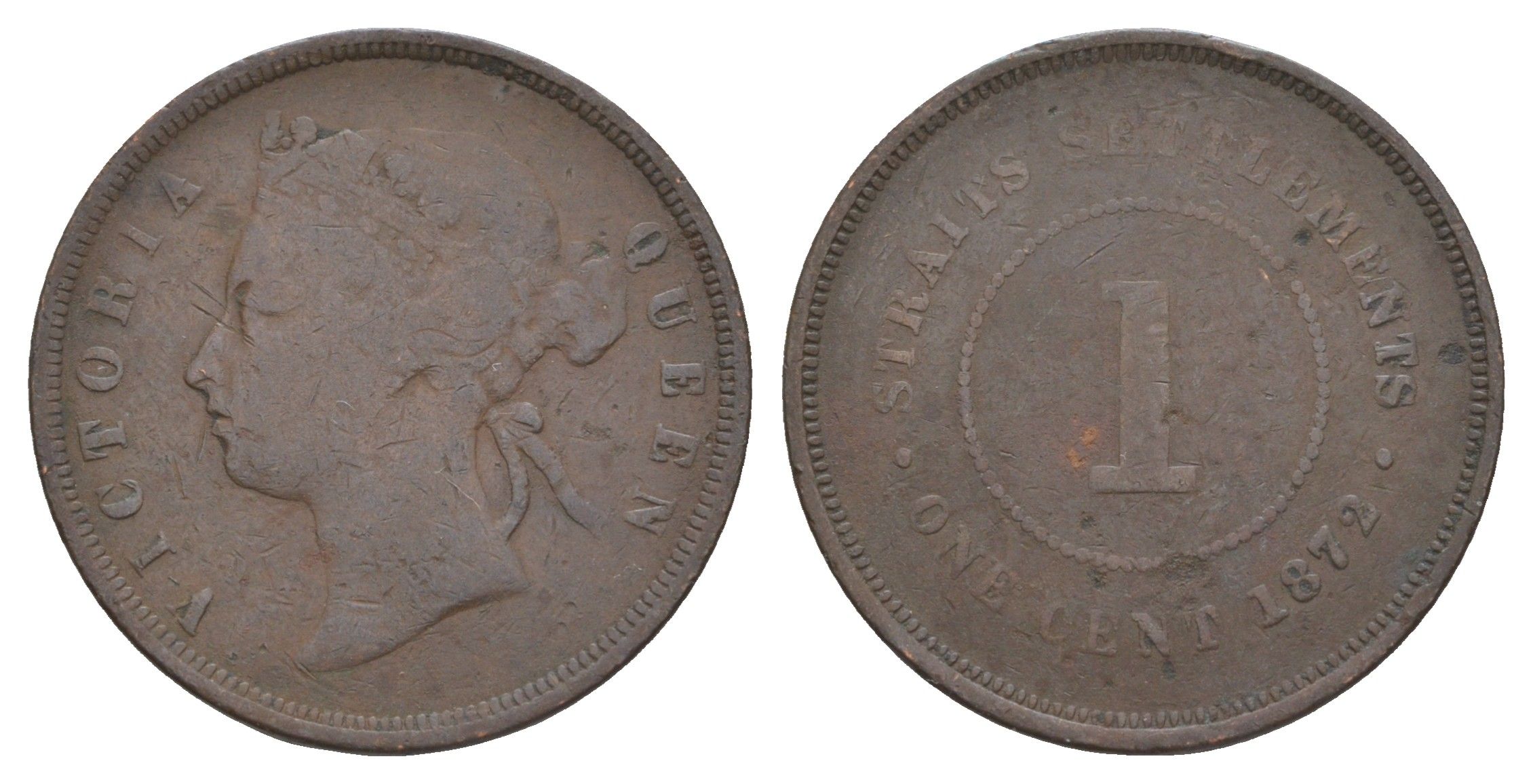 Стрейтс-Сетлментс (Стрейтс Сетлментс) 1 цент 1872 H, Виктория (1837-1901) KM 9 бронза 1518-325