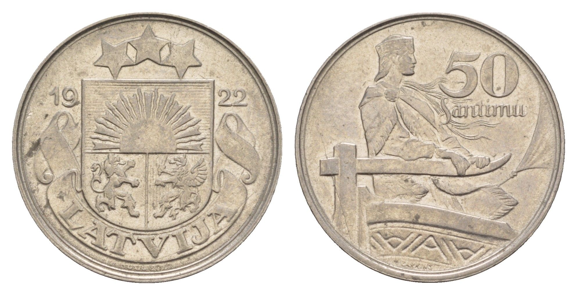 Латвия 50 сантимов 1922 год-тип KM 6 никель 4657-756