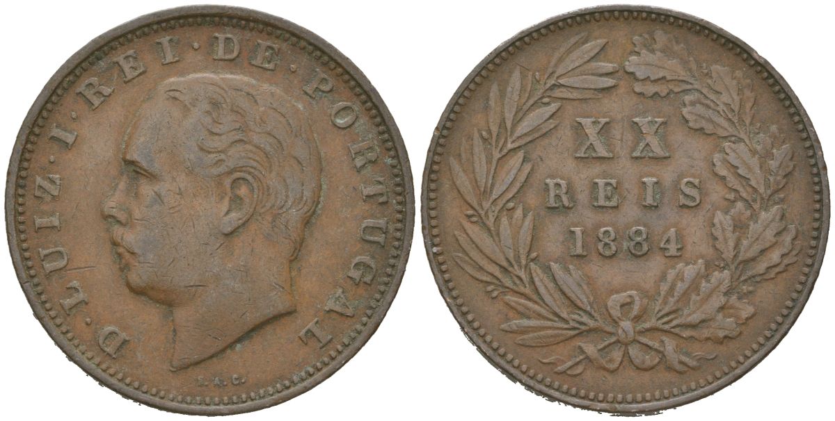 Португалия 20 реалов 1884 Луиш I (1861-1889) KM 527 бронза 4512-925