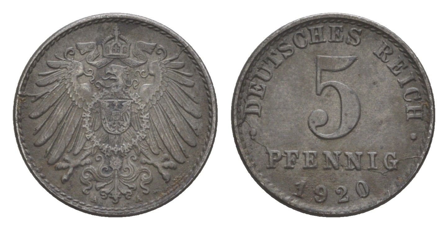 Германия 5 пфеннигов 1920 A KM 19, J. 297 железо плакированное цинком 4644-1121
