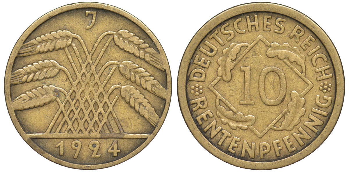 Германия 10 рентенпфеннигов 1924 J KM 33, J. 309 алюминиевая бронза 4604-651