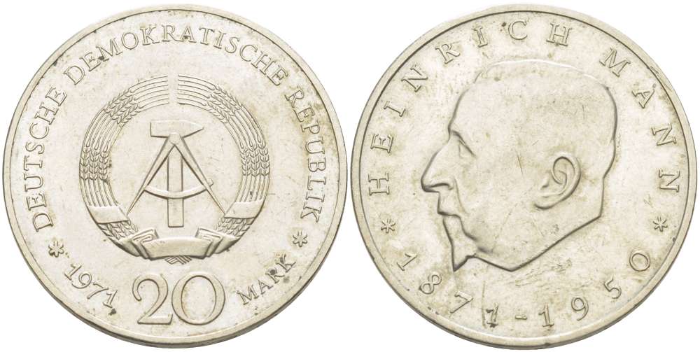 ГДР 20 марок 1971 А, 100 лет со дня рождения Генриха Манна (1871-1950) KM 33, J. 1531 медно-никель 4521-544