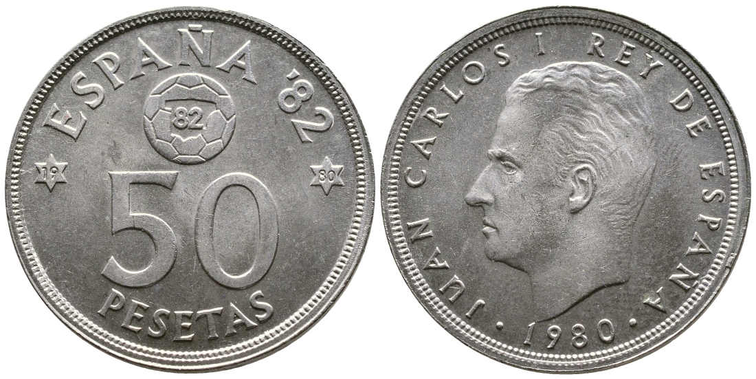 Испания 50 песет 1980 (80) Хуан Карлос, чемпионат мира по футболу в Испании 82 КМ 819 медно-никель UNC 4607-642