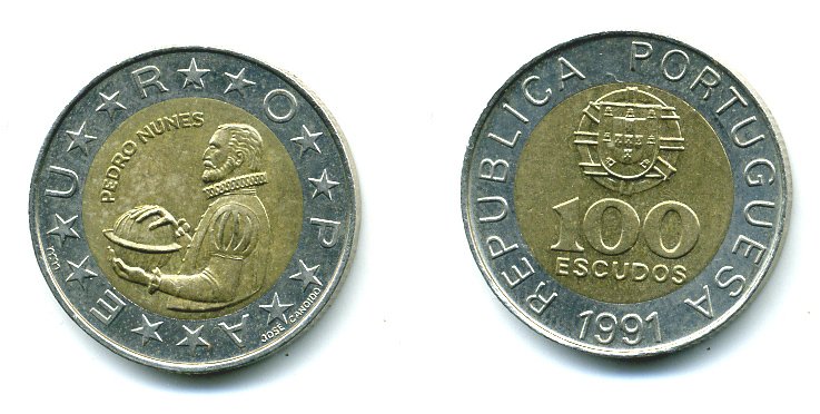 Португалия 100 эскудо 1991 Педру Нуниш (1502-1578), математик KM 645.1 биметалл 25-343
