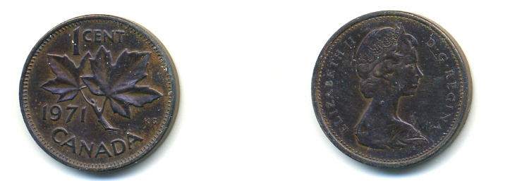 Канада 1 цент 1971 Елизавета II (1952-2022), кленовый лист KM 59.1 бронза 93-1045