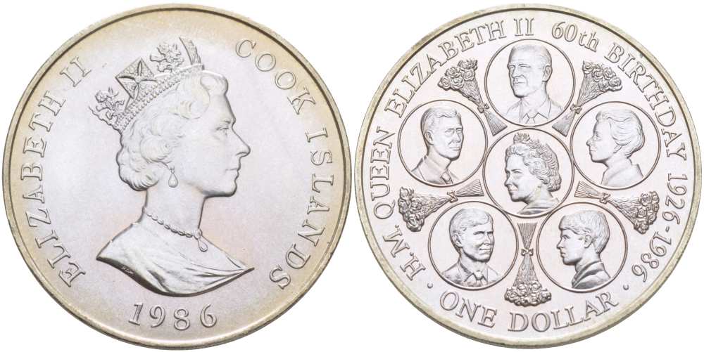 Острова Кука 1 доллар 1986 60 лет со дня рождения королевы Елизаветы, портреты королевской семьи KM 31 медно-никель UNC 1085-7-41