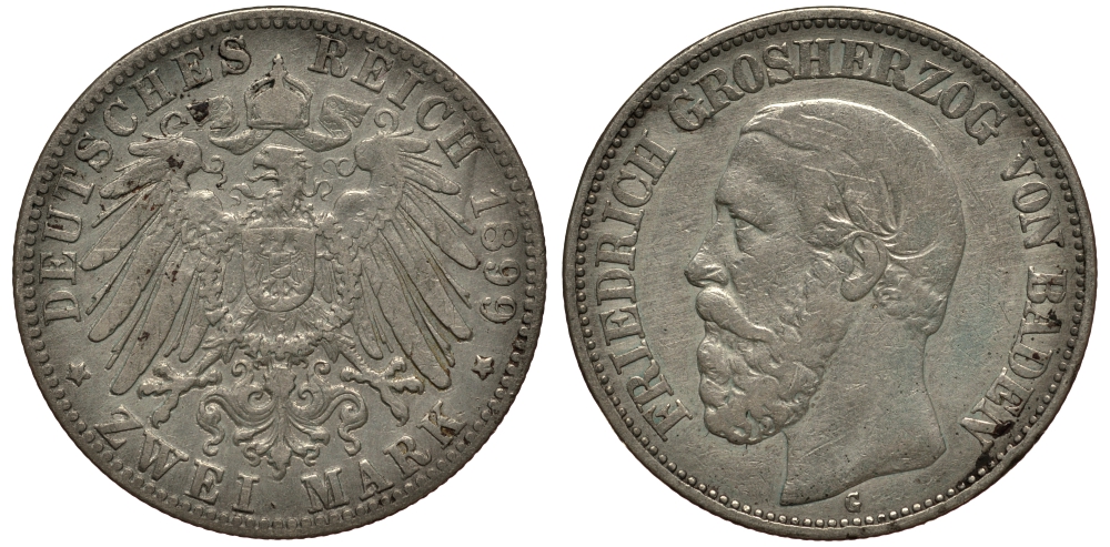 Баден 2 марки 1899 Фридрих I (1856-1907) J. 28, KM 269 серебро    3711-1744